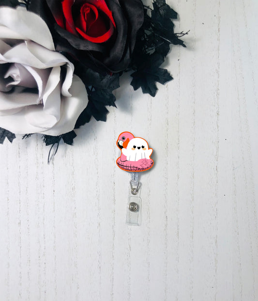 Flamingo float Ghost Halloween Badge Reel